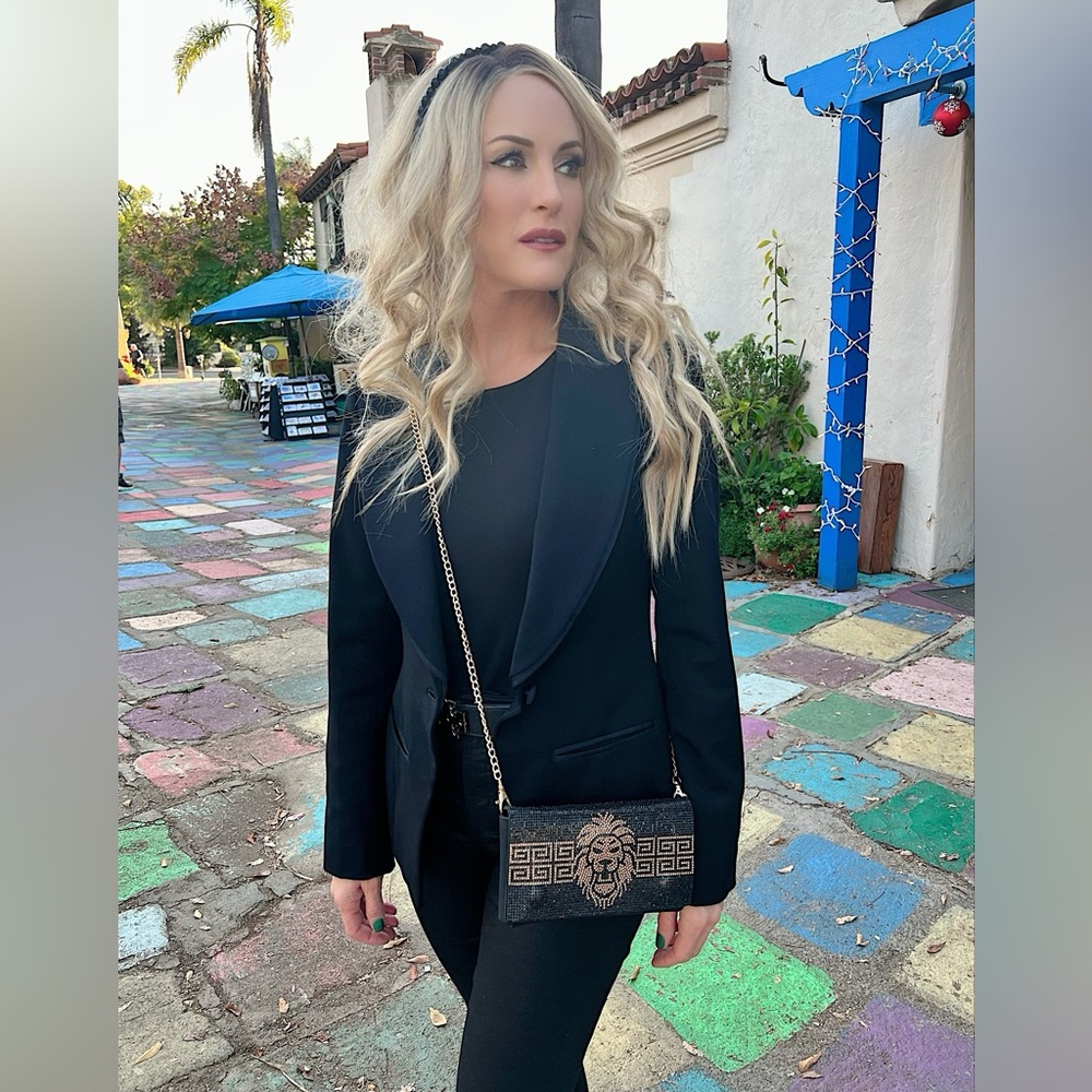 Black Gold Lion Crystal Stadium Bag Crossbody Shoulder Waist + Belt Clutch Leo